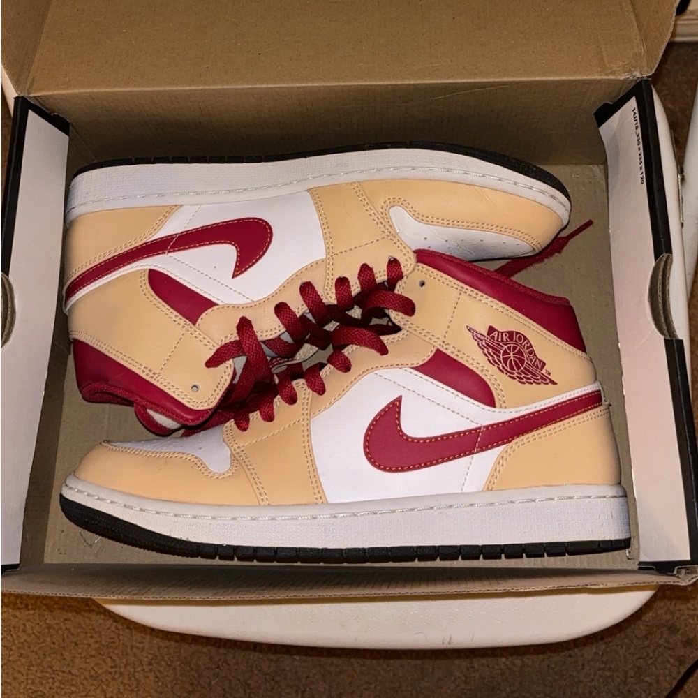 Jordan 1 Mid Light Curry Cardinal Red